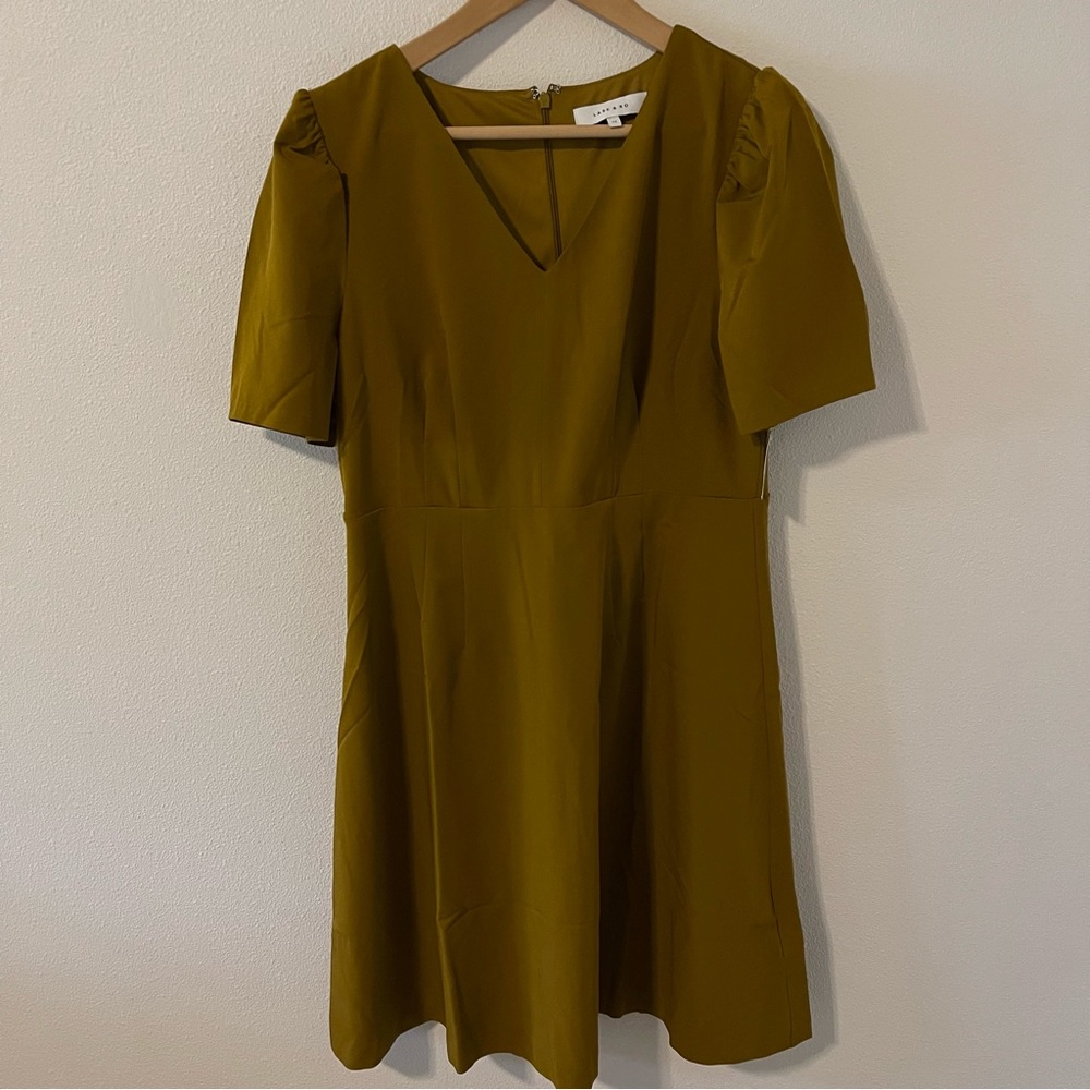 Lark & Ro Florence Gathered Fit & Flare Mini Dress Tapenade Musatrd Brown NWT-12